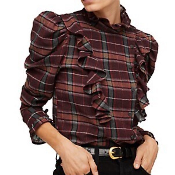 Mango Tops - Mango Plaid Ruffle Blouse. Size M